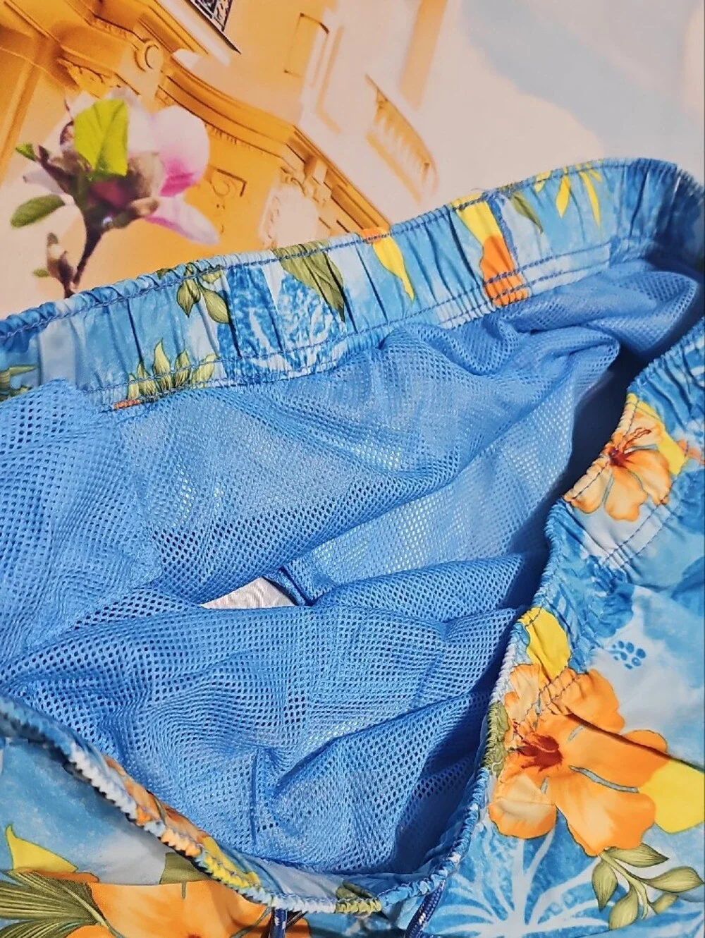 Tommy Bahama Light Blue Floral Swim Trunks Orange Hibiscus XL New